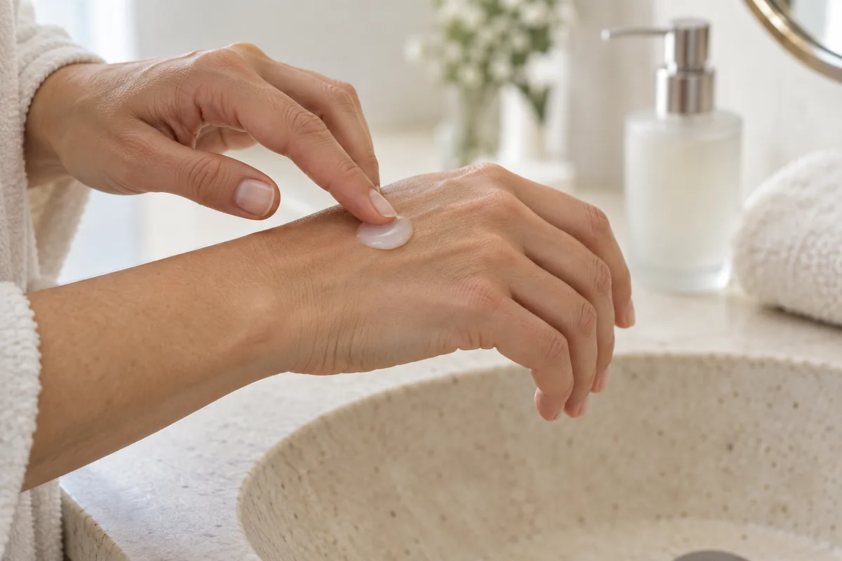 Mains étalant une crème hydratante blanche sur le dos d&rsquo;une main