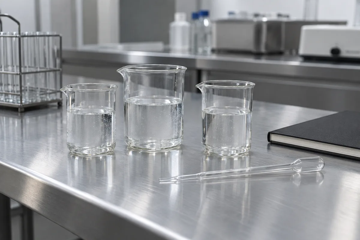 Béchers en verre et pipette sur une paillasse de laboratoire propre