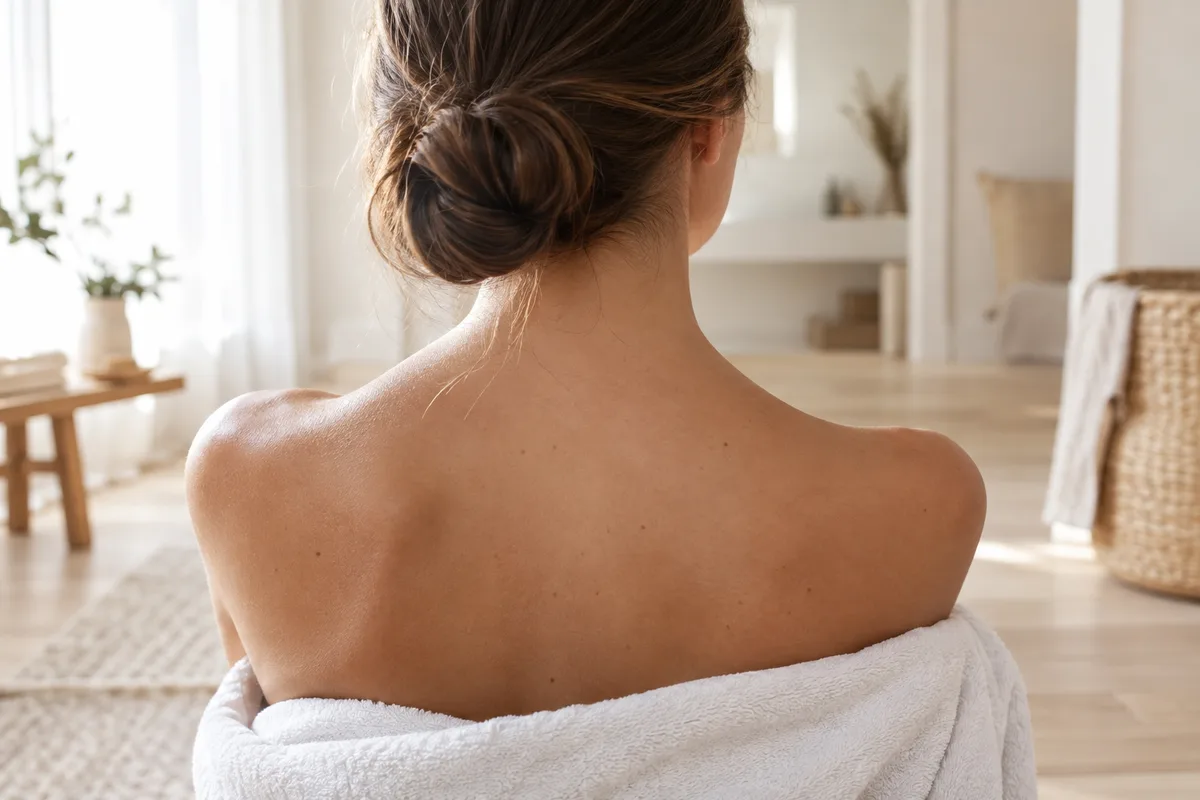 Femme vue de dos, nuque dégagée et serviette blanche sur les épaules