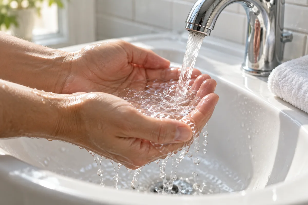 Mains en coupe recueillant de l&rsquo;eau claire au-dessus d&rsquo;un lavabo