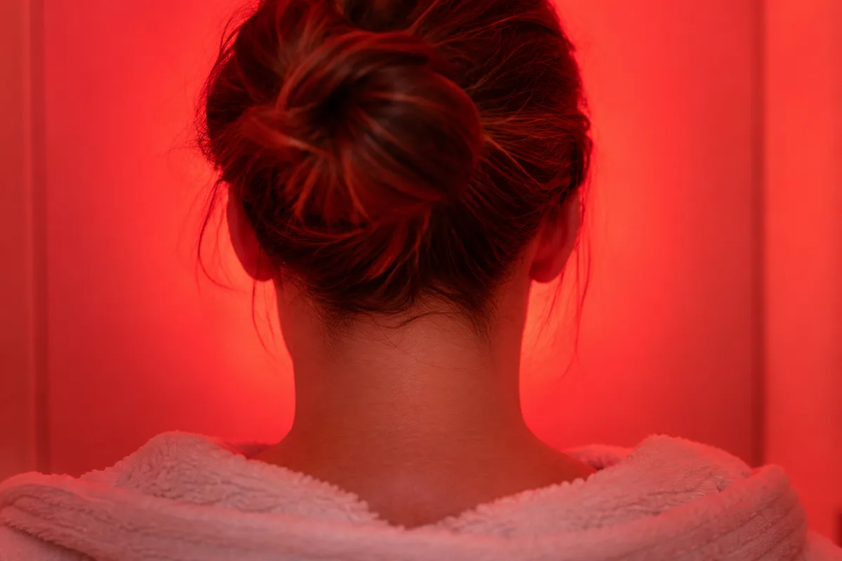 Épaule et nuque d&rsquo;une personne vue de dos sous une lumière rouge diffuse