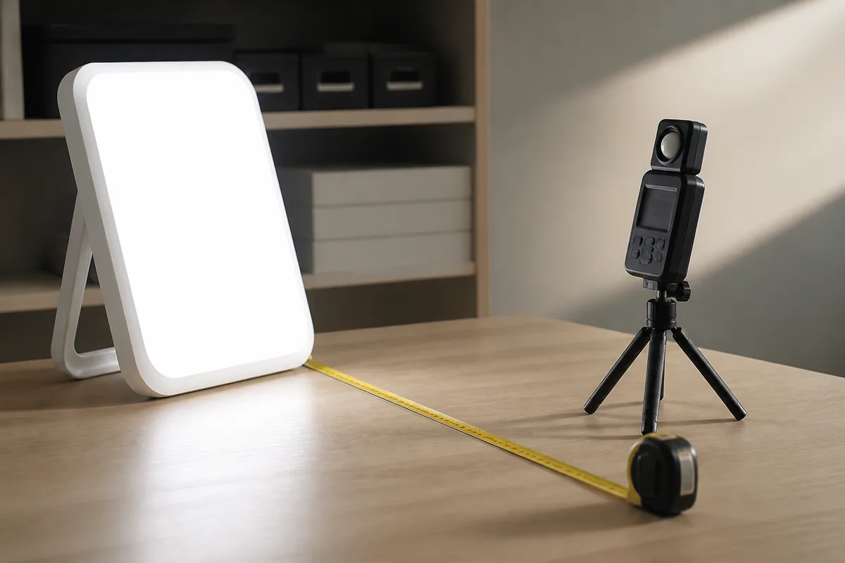 Lampe de luminothérapie à écran large posée sur un bureau, mesurée au luxmètre à trente centimètres