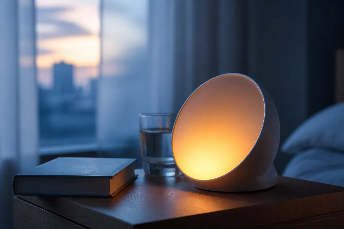 Réveil simulateur d&rsquo;aube diffusant une lumière orangée progressive sur une table de nuit à l&rsquo;aube
