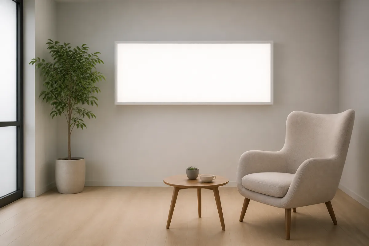 Grand panneau lumineux blanc fixé au mur d&rsquo;un cabinet, éclairant un fauteuil et une petite table