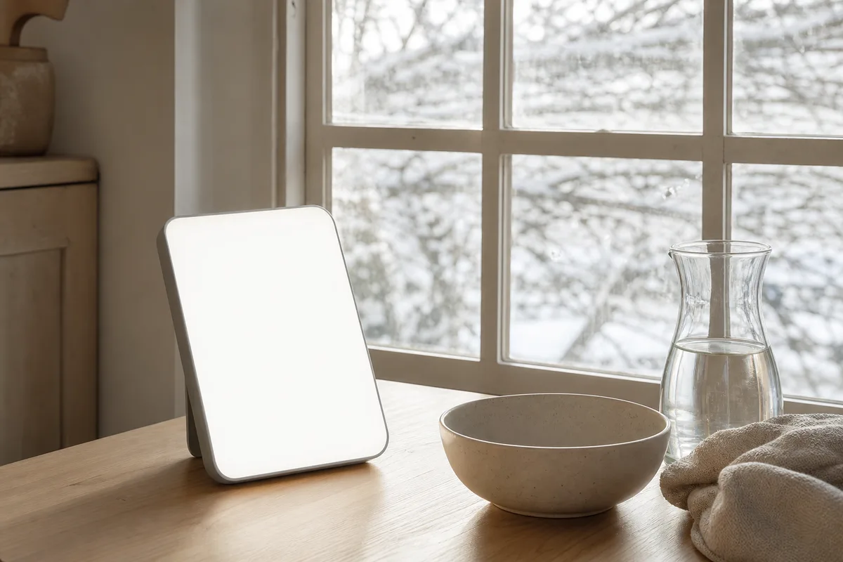 Lampe de luminothérapie posée sur une table de petit-déjeuner près d&rsquo;une fenêtre