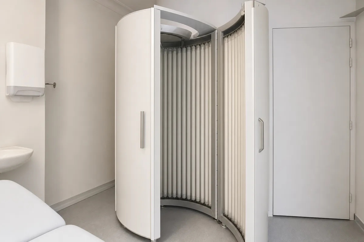 Cabine de photothérapie dermatologique dans un service hospitalier français