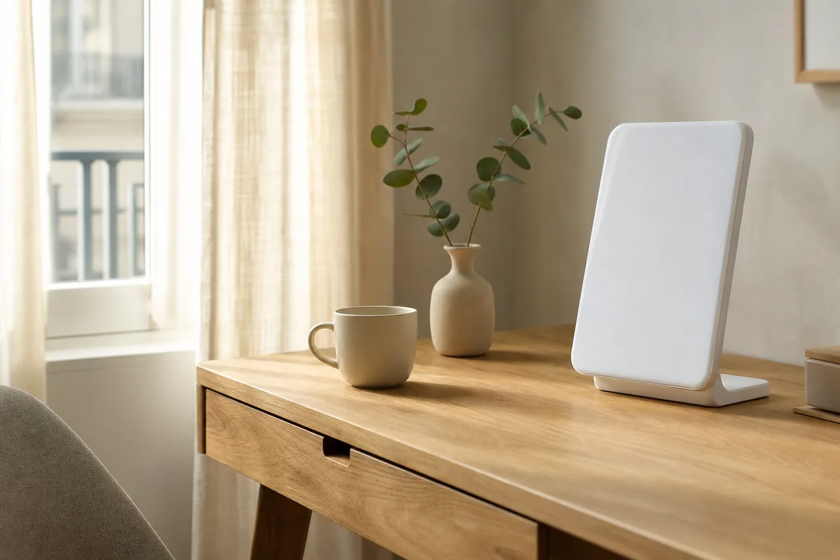 Lampe de luminothérapie posée sur un bureau clair près d&rsquo;une fenêtre