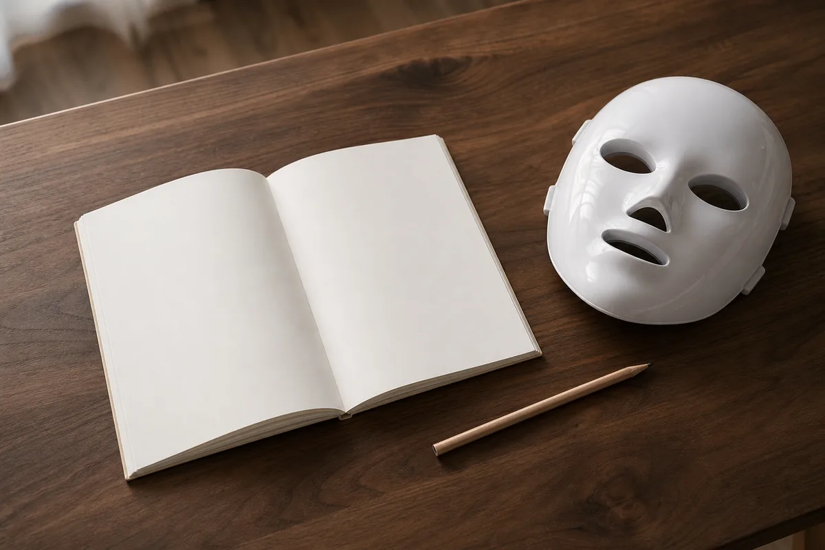 Carnet de suivi ouvert à côté d&rsquo;un masque LED posé sur une table en bois