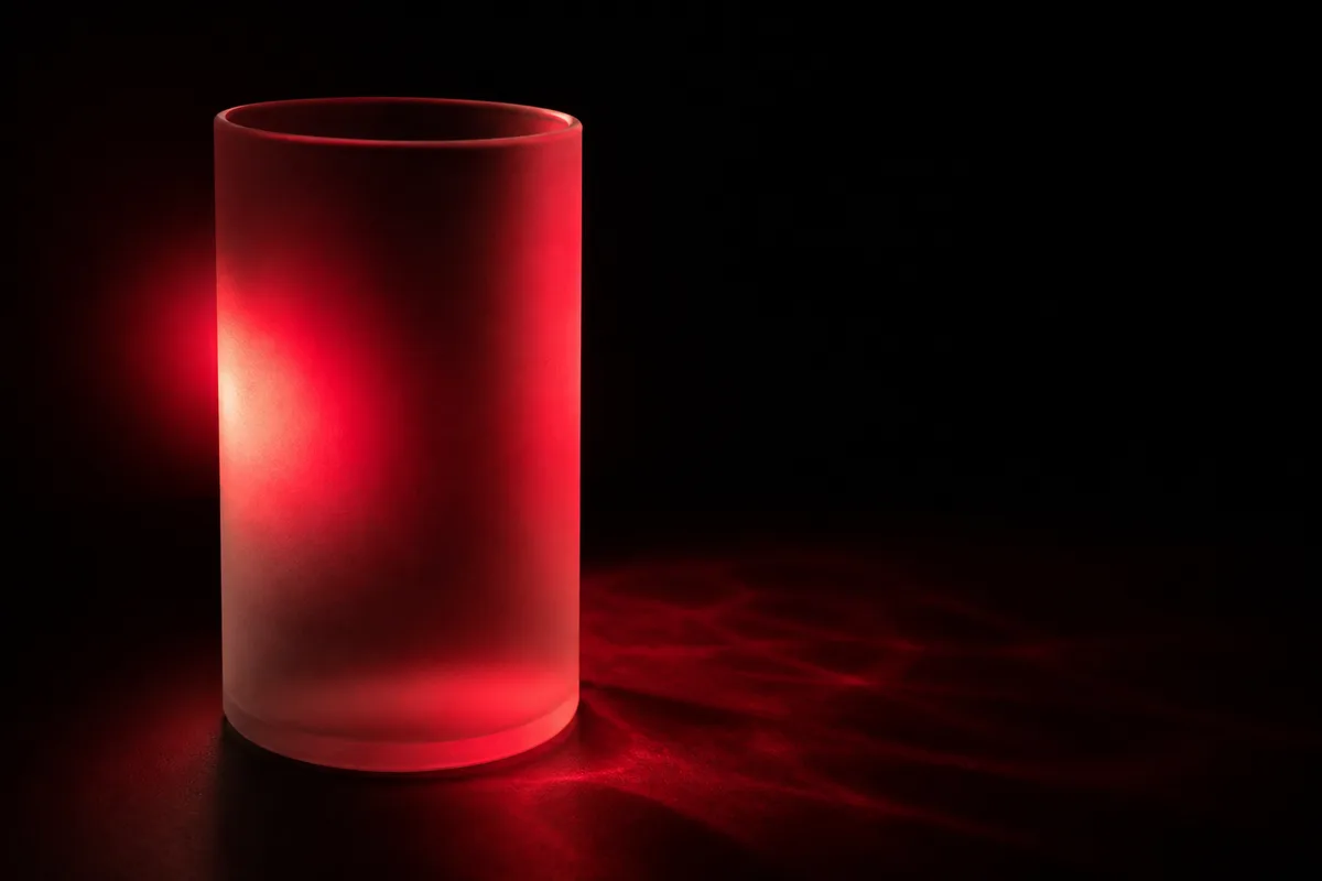 Verre dépoli posé sur une surface noire, traversé par un reflet rouge