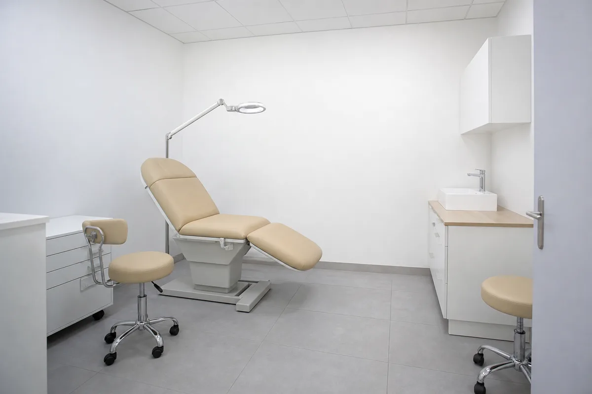 Cabinet de dermatologie, lampe d’examen et fauteuil, lumière froide, vue de dos