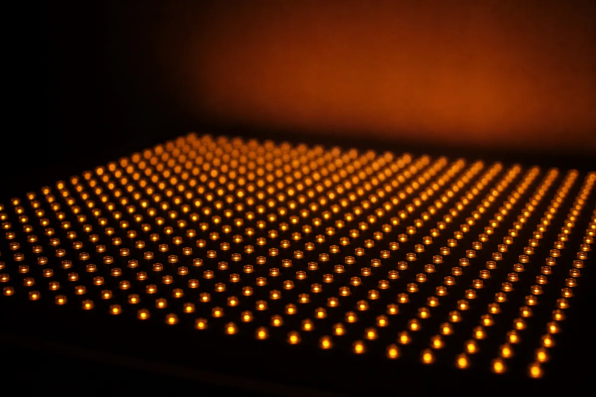 Panneau de diodes ambrées allumées dans une pièce sombre, vue de trois quarts