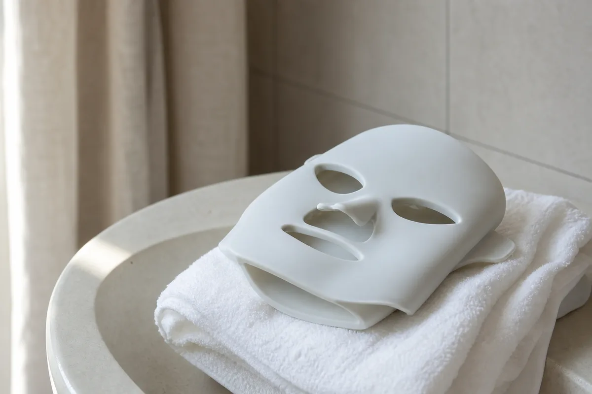 Masque LED souple en silicone posé sur une serviette blanche pliée dans une salle de bains lumineuse