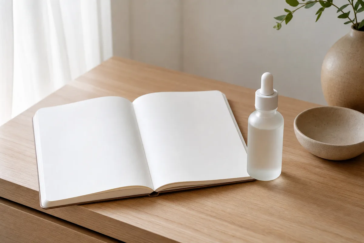 Carnet de notes vierge et flacon de sérum posés sur une commode en bois clair près d&rsquo;une fenêtre
