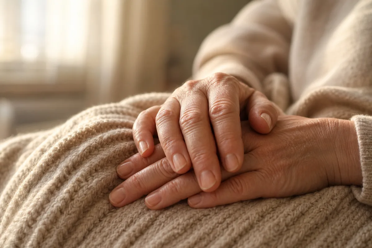 Mains d&rsquo;une femme mature reposant sur un plaid en laine beige devant une fenêtre voilée