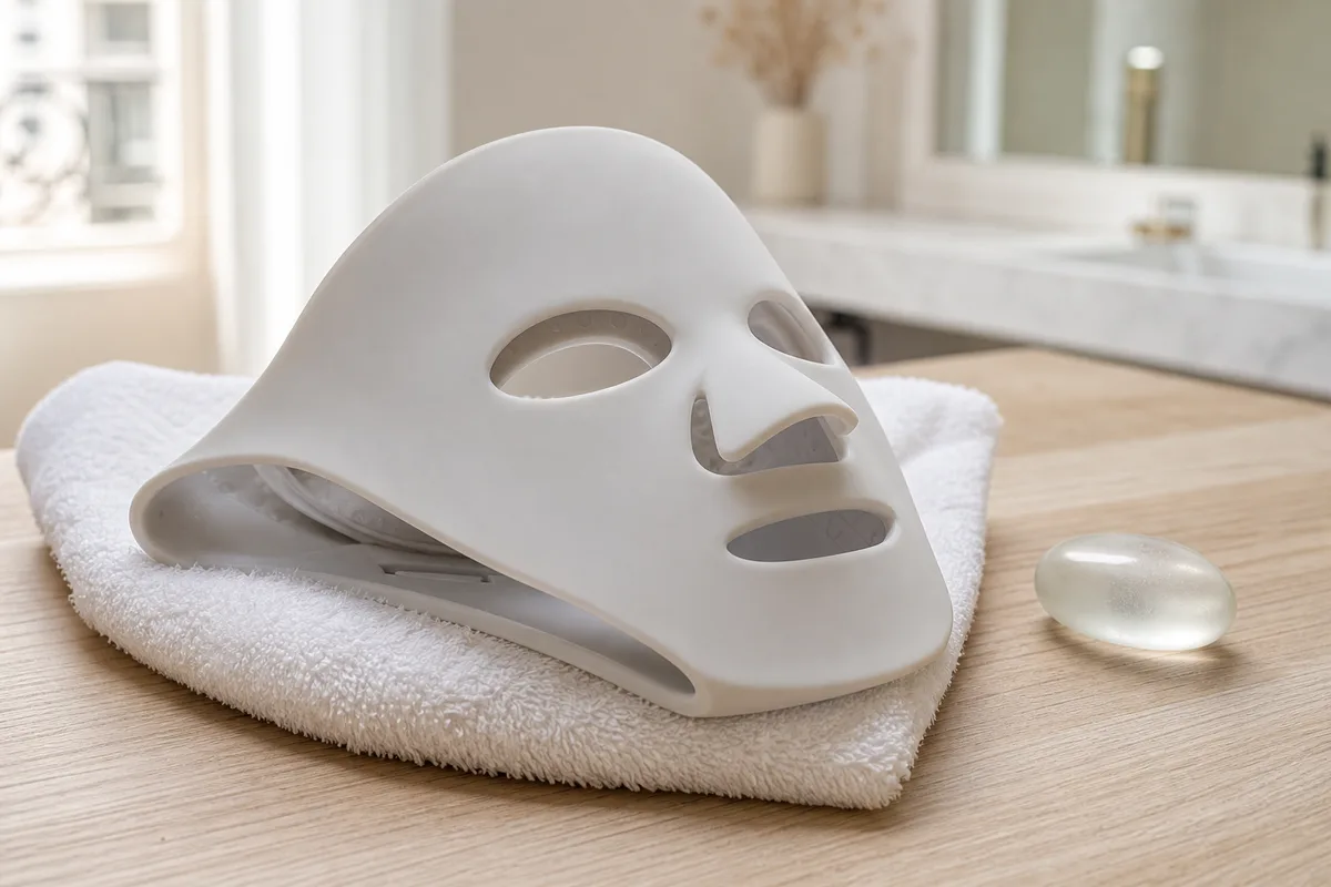 Masque LED souple posé sur une serviette blanche dans une salle de bain lumineuse