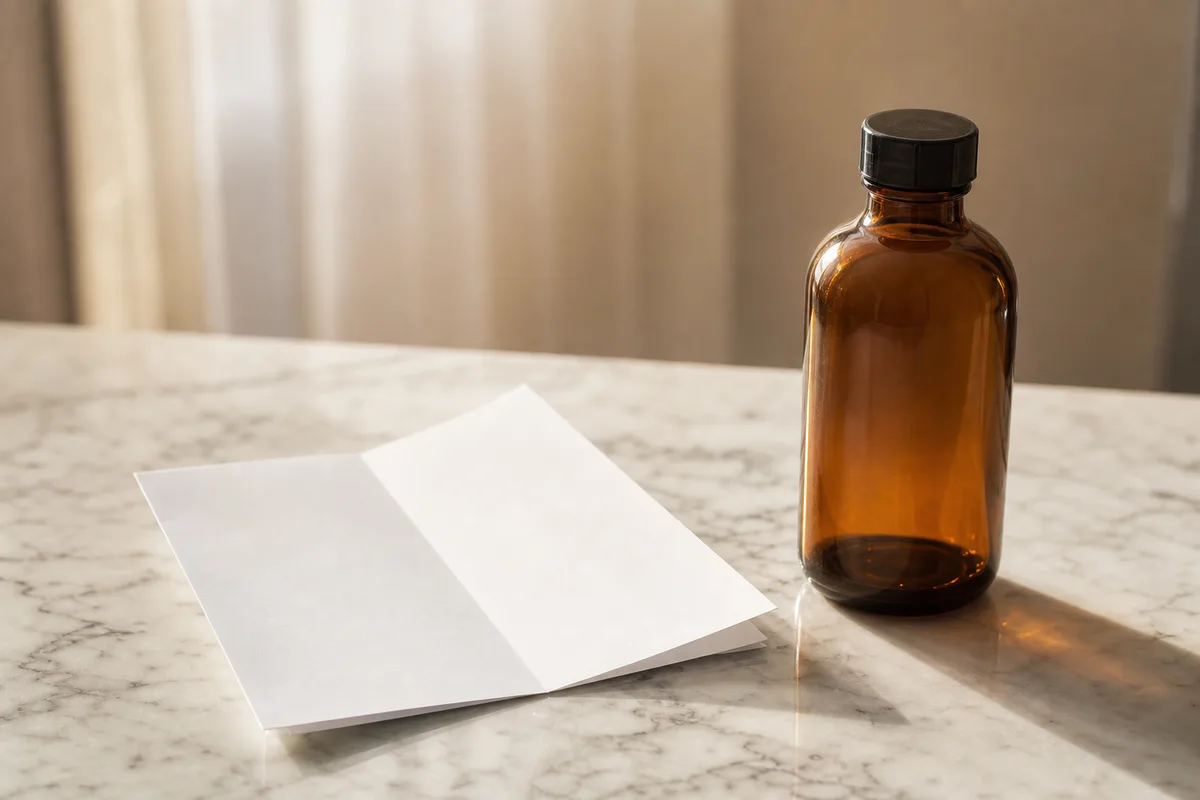 Notice d&rsquo;appareil de beauté pliée près d&rsquo;un flacon de soin sur un plan de travail clair