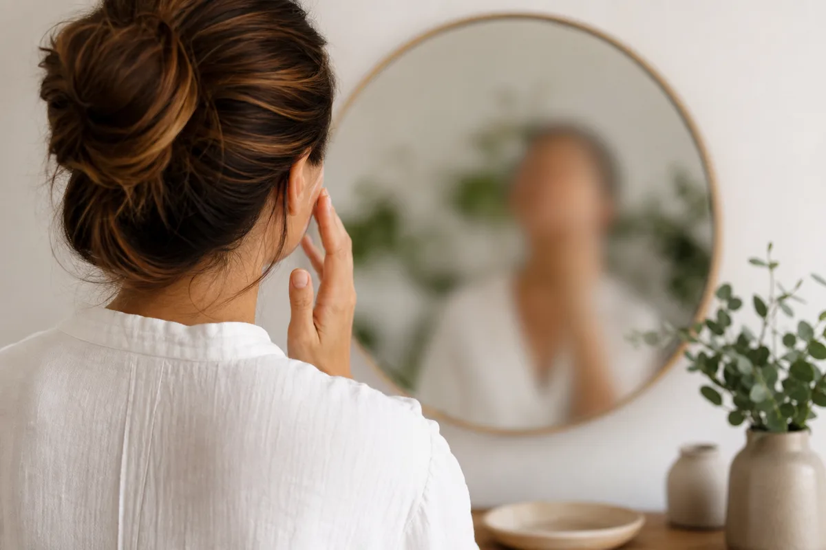 Femme de dos appliquant un soin devant un miroir dans une pièce baignée de lumière naturelle
