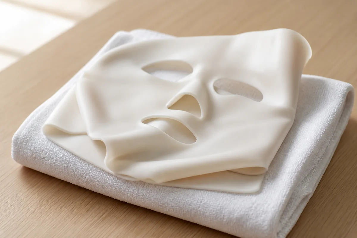 Masque de beauté en silicone souple éteint posé sur une serviette blanche pliée