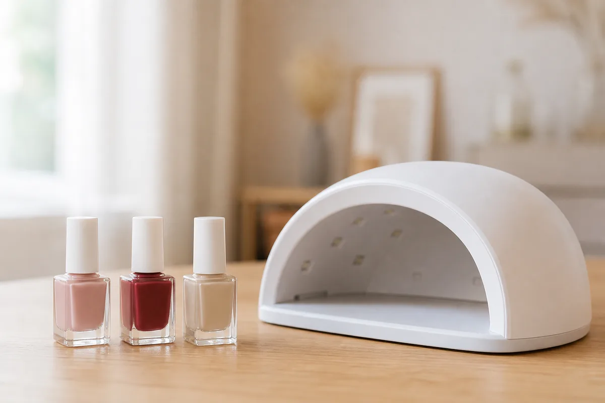 Flacons de vernis et petite lampe de manucure éteinte sur une table en bois clair