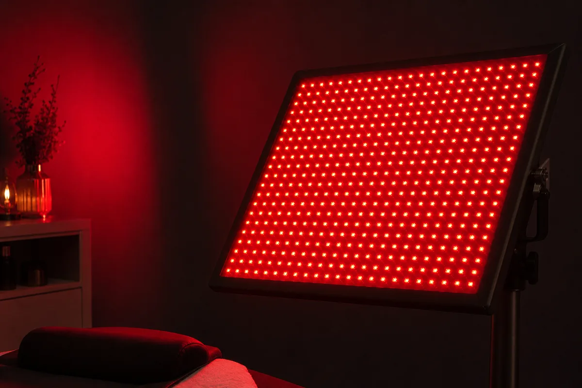 Panneau de diodes rouges allumé dans une pièce sombre, vue de trois quarts