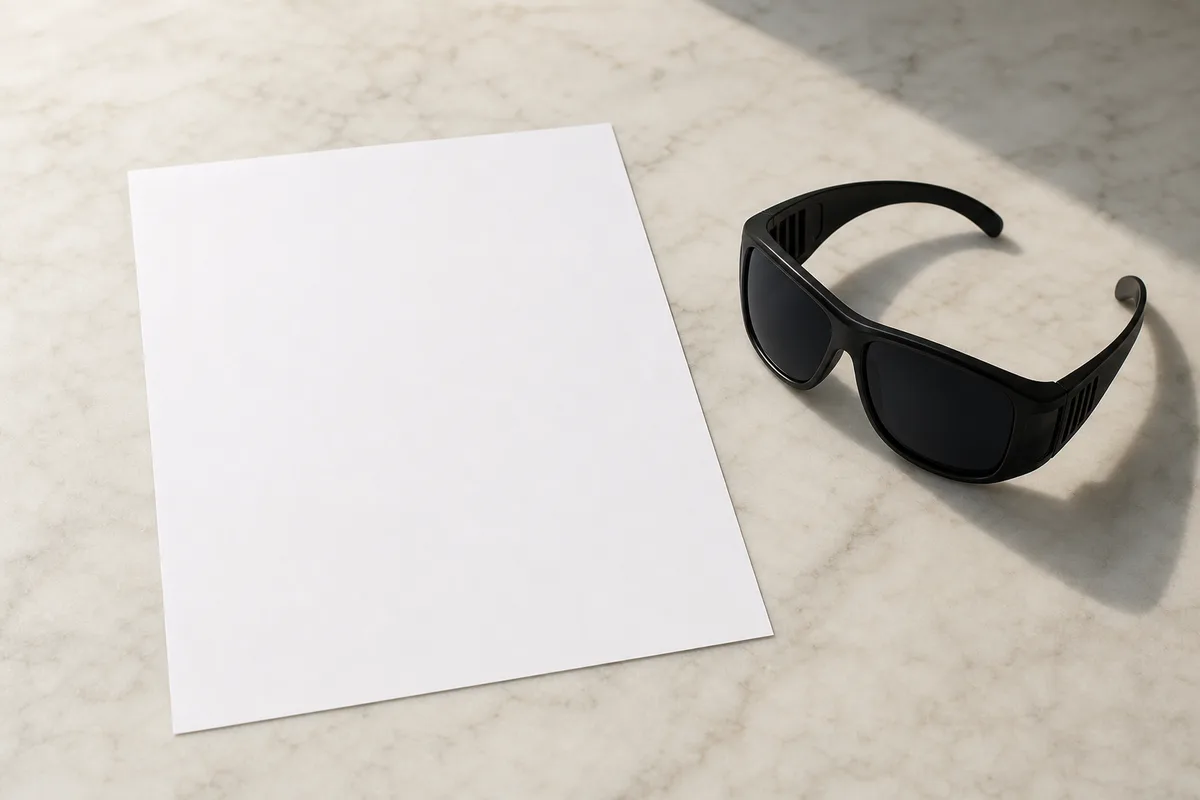 Fiche produit vierge et lunettes de protection posées sur un plan de travail clair