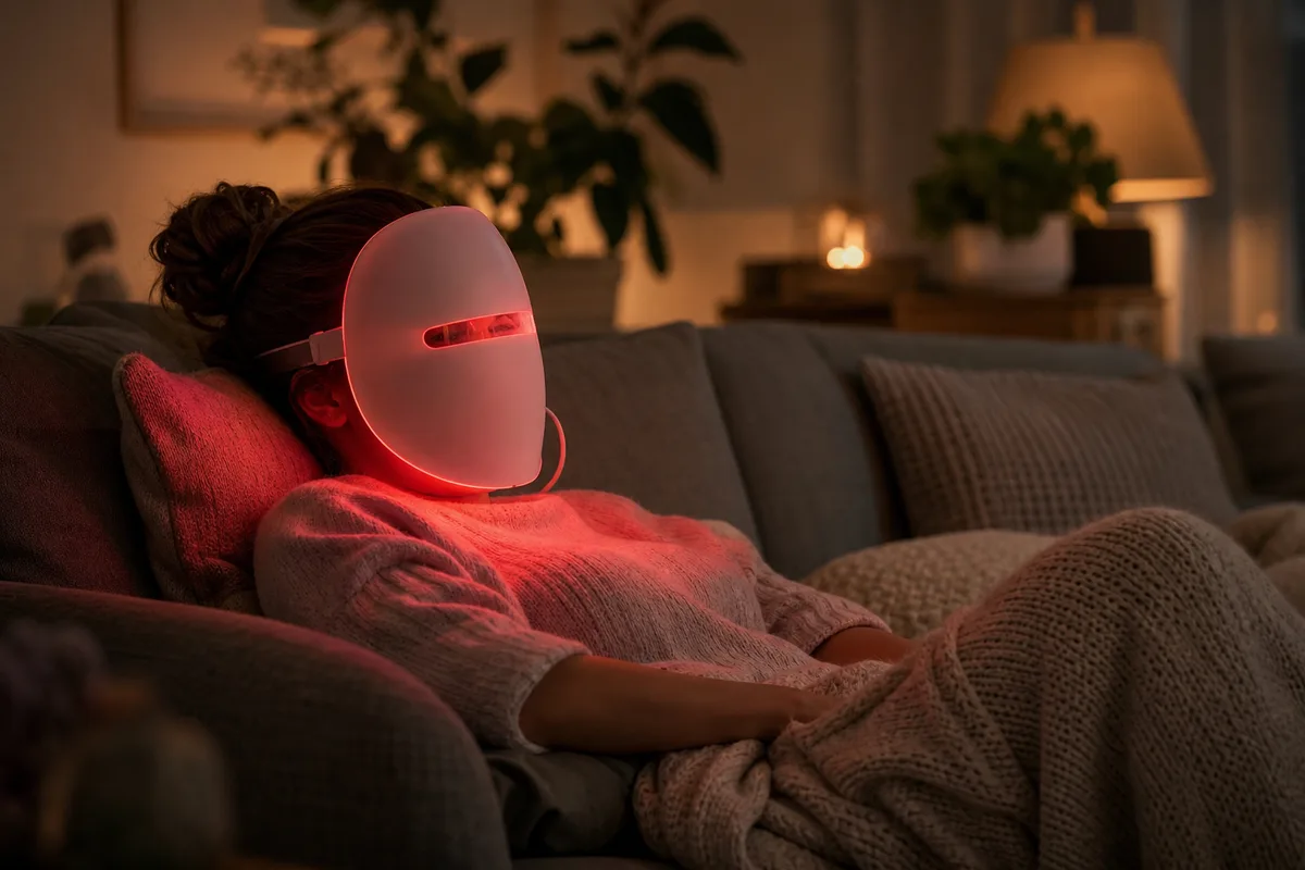 Femme adulte assise sur un canapé, masque LED rouge posé sur le visage, éclairage ambiant tamisé