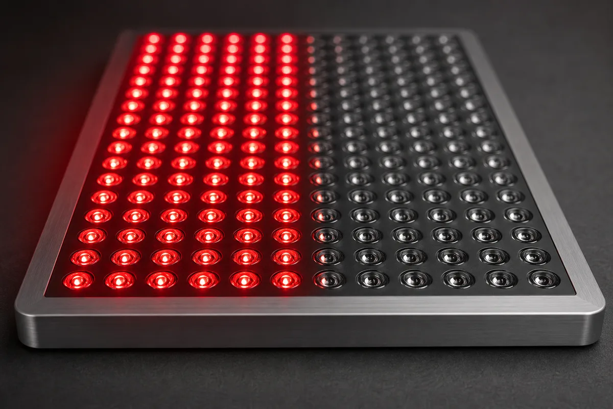 Diodes rouges et infrarouges vues de très près sur un panneau de soin éteint en partie
